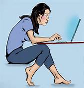 Cartoon picture of a woman bending over a computer causing neck pain